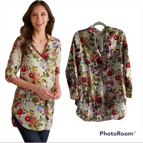 NEW Soft Surroundings Silk Blend Botanical Floral Blouse Size Small MSRP $89 - Picture 1 of 6
